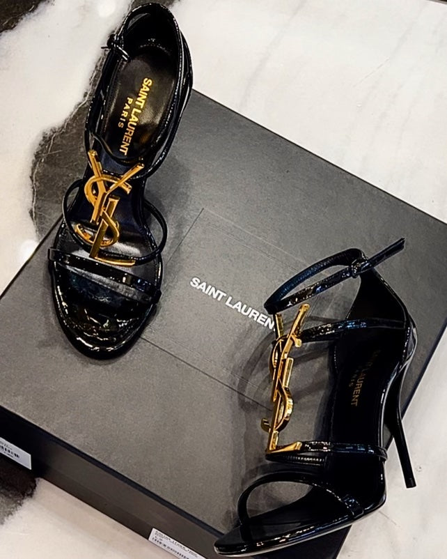 SAINT LAURENT CASSANDRA YSL MEDALLION STILETTO SANDALS