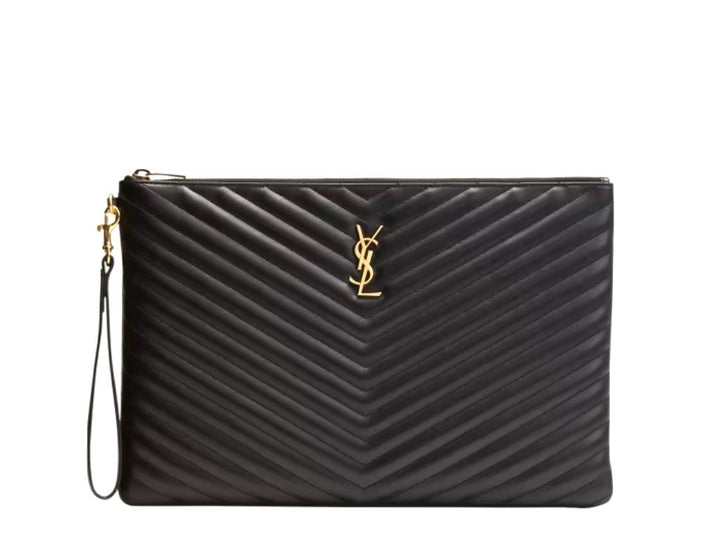YSL CASSANDRE LOGO CALFSKIN LEATHER LARGE WRISTLET CLUTCH