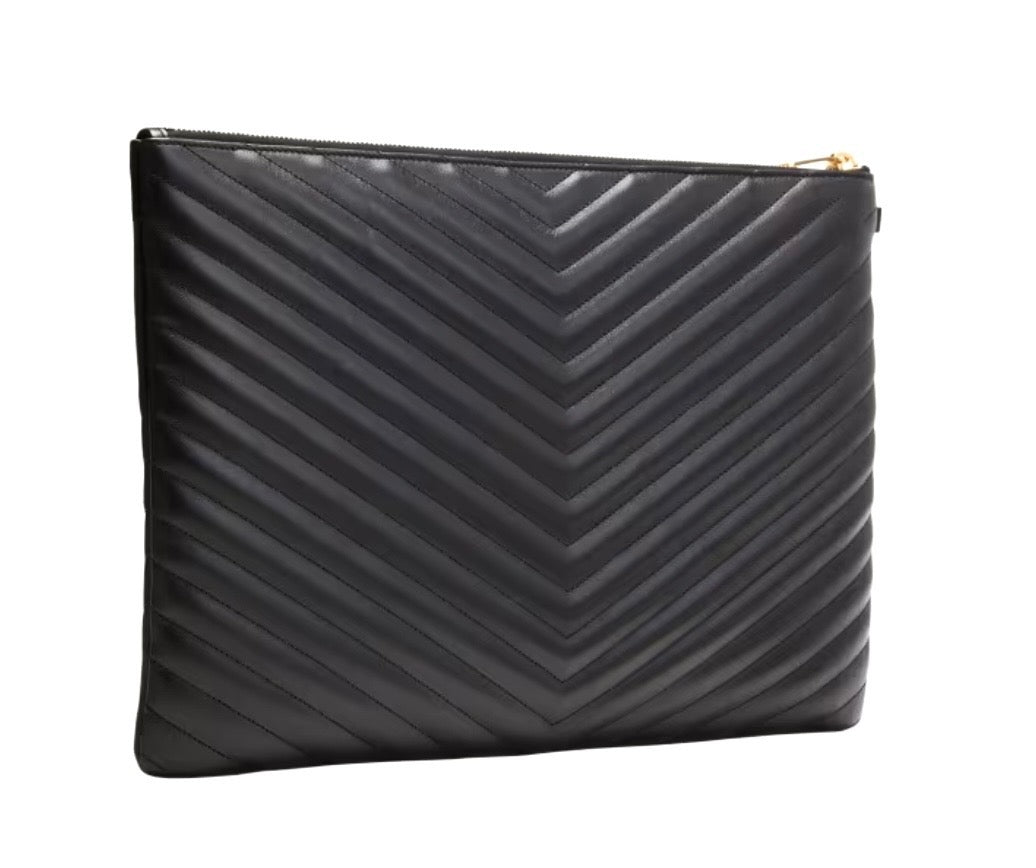 YSL CASSANDRE LOGO CALFSKIN LEATHER LARGE WRISTLET CLUTCH