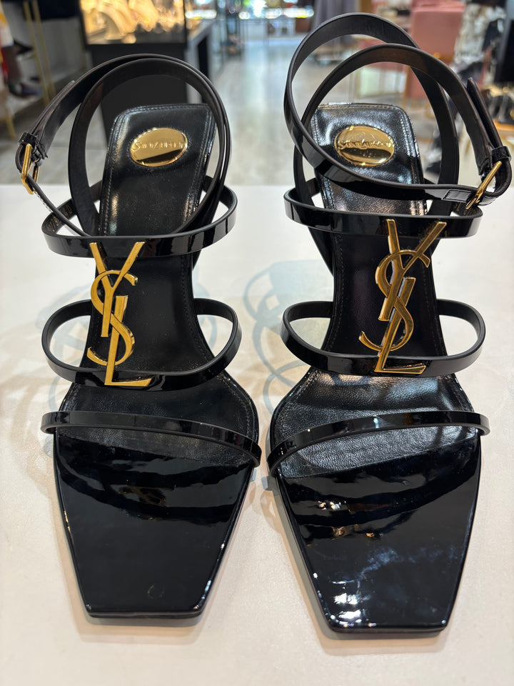 YSL CASSANDRE EMBELLISHED PATENT &amp; CALFSKIN LEATHER HEELED SANDALS