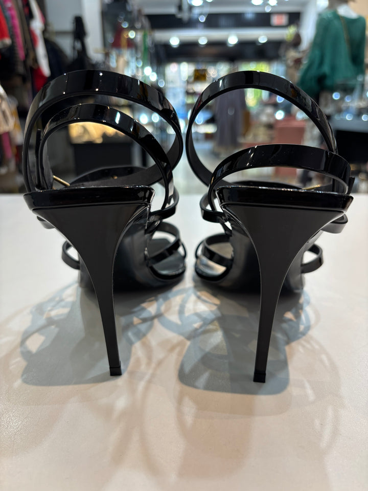 YSL CASSANDRE EMBELLISHED PATENT &amp; CALFSKIN LEATHER HEELED SANDALS