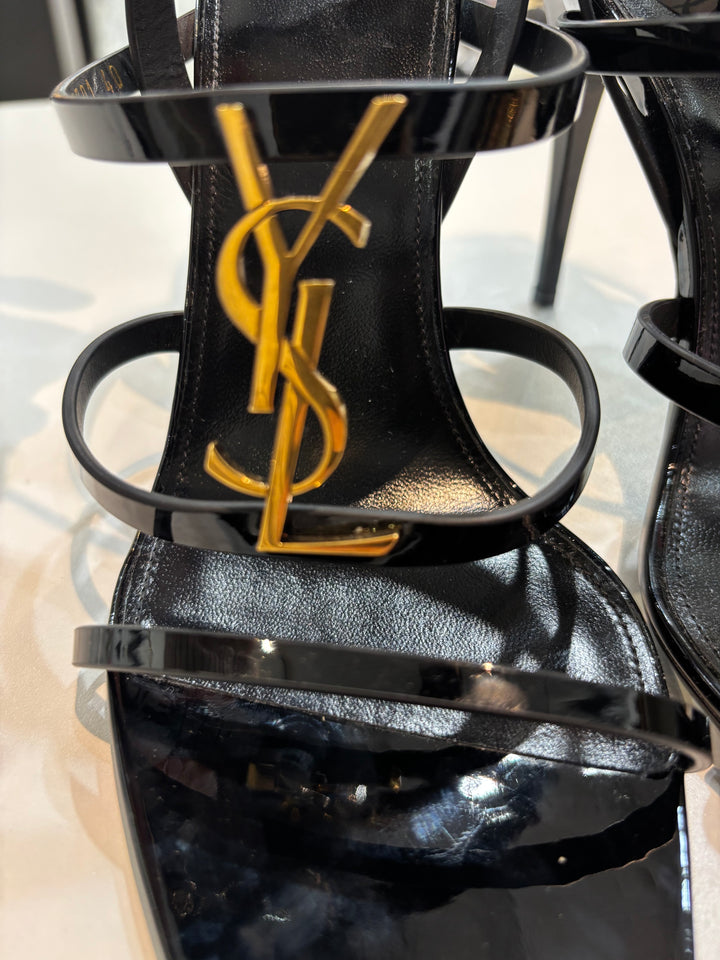 YSL CASSANDRE EMBELLISHED PATENT &amp; CALFSKIN LEATHER HEELED SANDALS