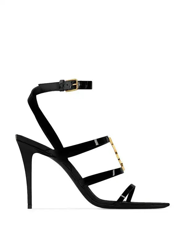 YSL CASSANDRE EMBELLISHED PATENT &amp; CALFSKIN LEATHER HEELED SANDALS