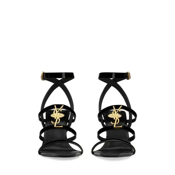 YSL CASSANDRE EMBELLISHED PATENT &amp; CALFSKIN LEATHER HEELED SANDALS