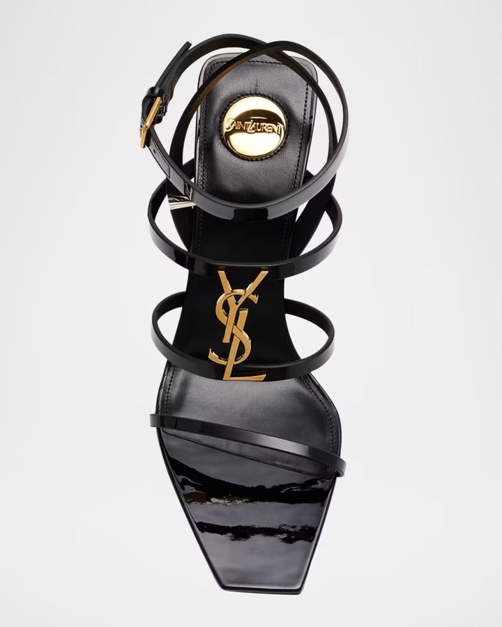 YSL CASSANDRE EMBELLISHED PATENT &amp; CALFSKIN LEATHER HEELED SANDALS