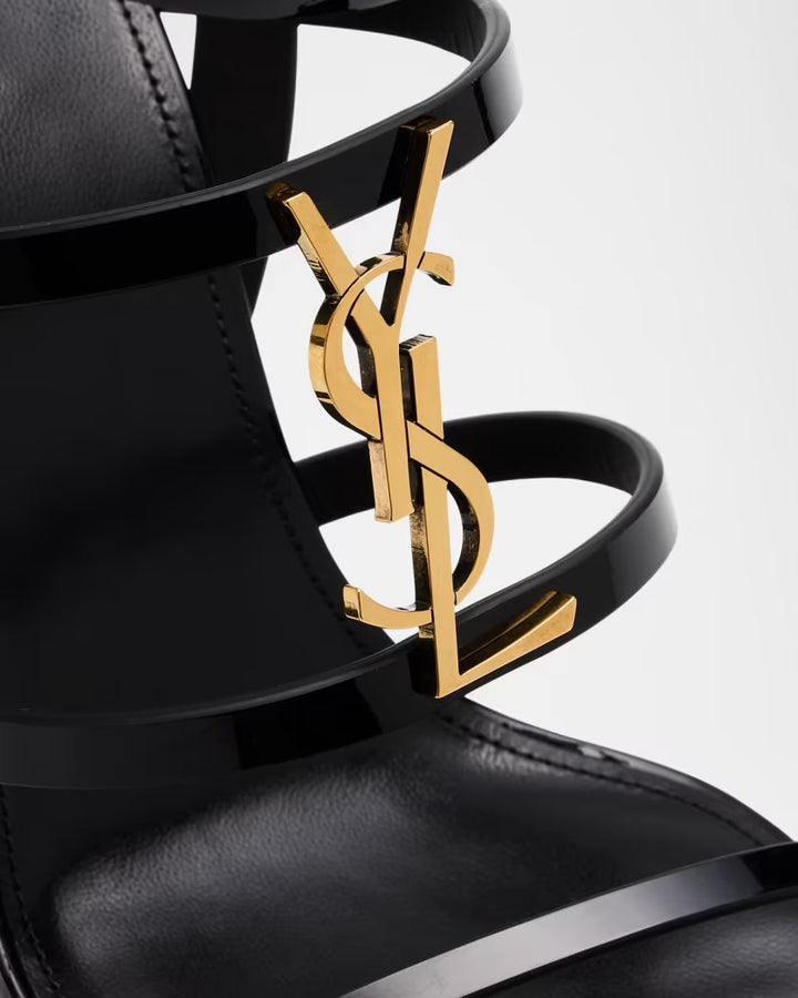 YSL CASSANDRE EMBELLISHED PATENT &amp; CALFSKIN LEATHER HEELED SANDALS