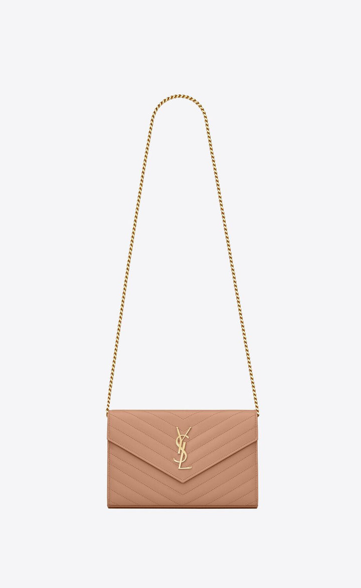 YSL CASSANDRE MATELASSÉ CHAIN WALLET IN GRAIN DE POUDRE EMBOSSED LEATHER