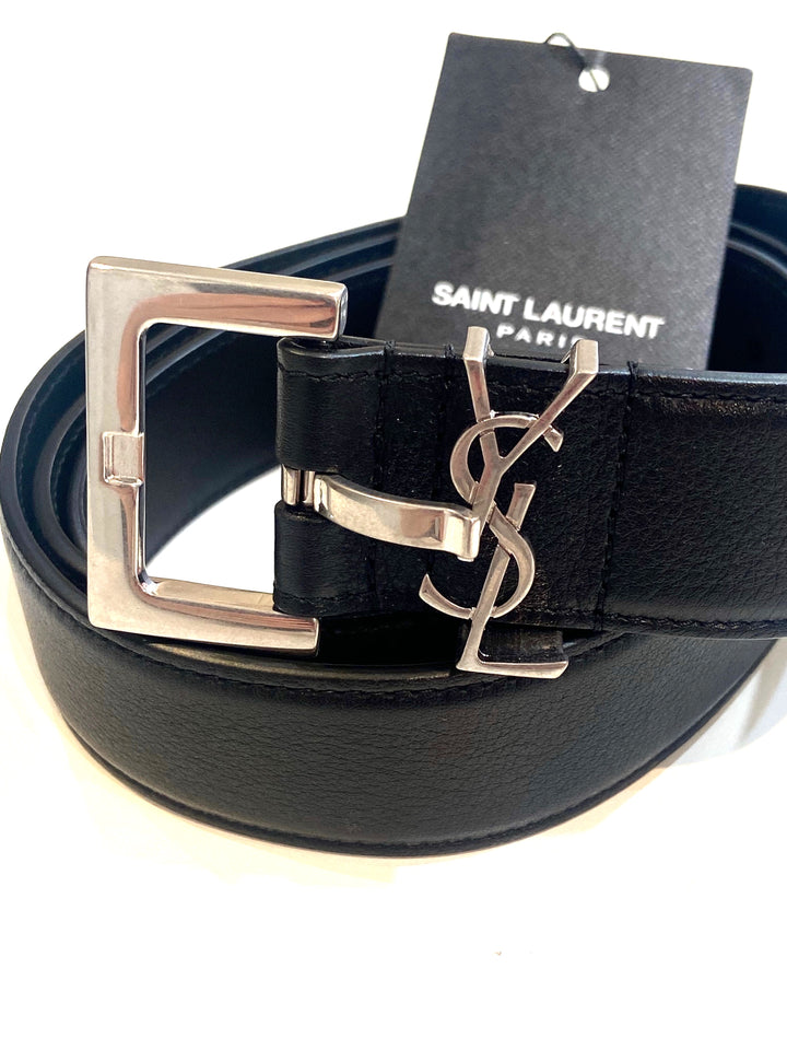 YSL CASSANDRE EMBELLISHED CALFSKIN LEATHER BELT