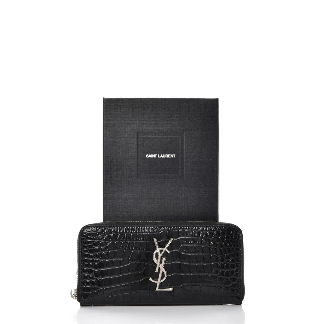 YSL CROC EMBOSSED CALFSKIN LEATHER MONOGRAM ZIP-AROUND WALLET
