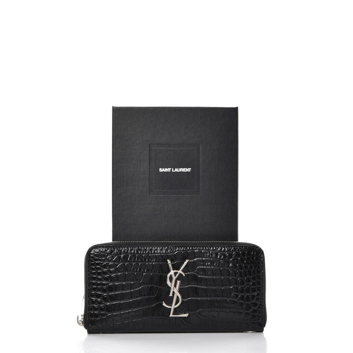 YSL CROC EMBOSSED CALFSKIN LEATHER MONOGRAM ZIP-AROUND WALLET