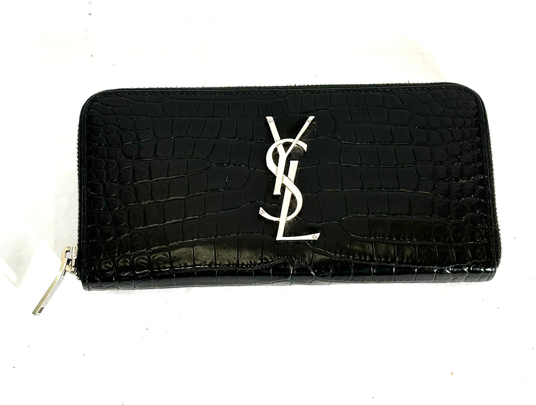 YSL CROC EMBOSSED CALFSKIN LEATHER MONOGRAM ZIP-AROUND WALLET