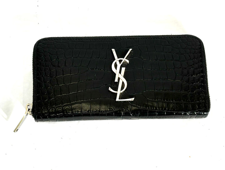 YSL CROC EMBOSSED CALFSKIN LEATHER MONOGRAM ZIP-AROUND WALLET