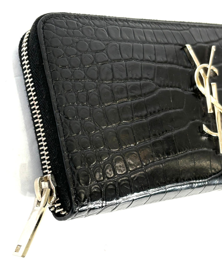 YSL CROC EMBOSSED CALFSKIN LEATHER MONOGRAM ZIP-AROUND WALLET