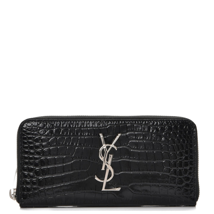 YSL CROC EMBOSSED CALFSKIN LEATHER MONOGRAM ZIP-AROUND WALLET
