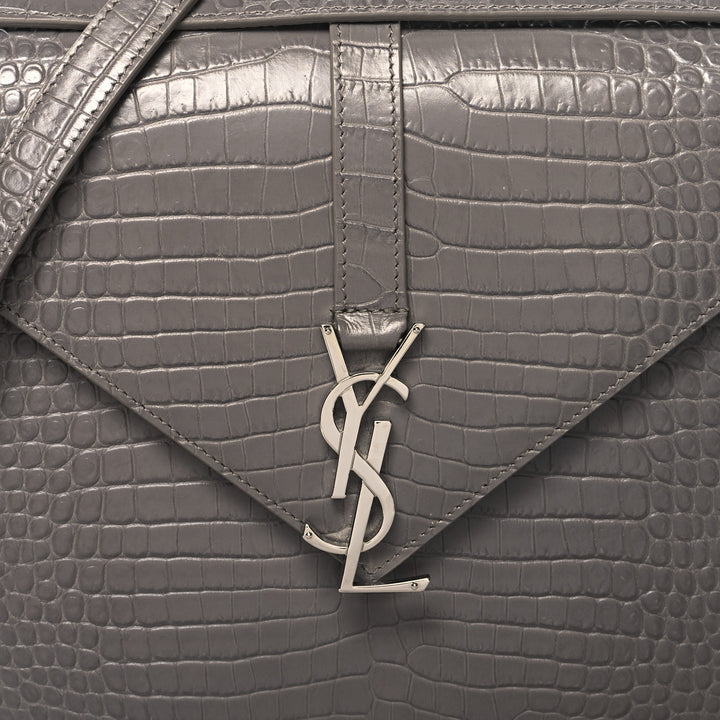 YSL CROC EMBOSSED LEATHER MONOGRAM LARGE SHOULDER BAG