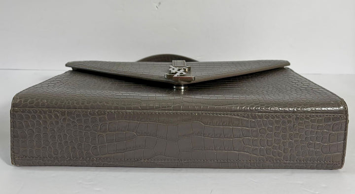 YSL CROC EMBOSSED LEATHER MONOGRAM LARGE SHOULDER BAG
