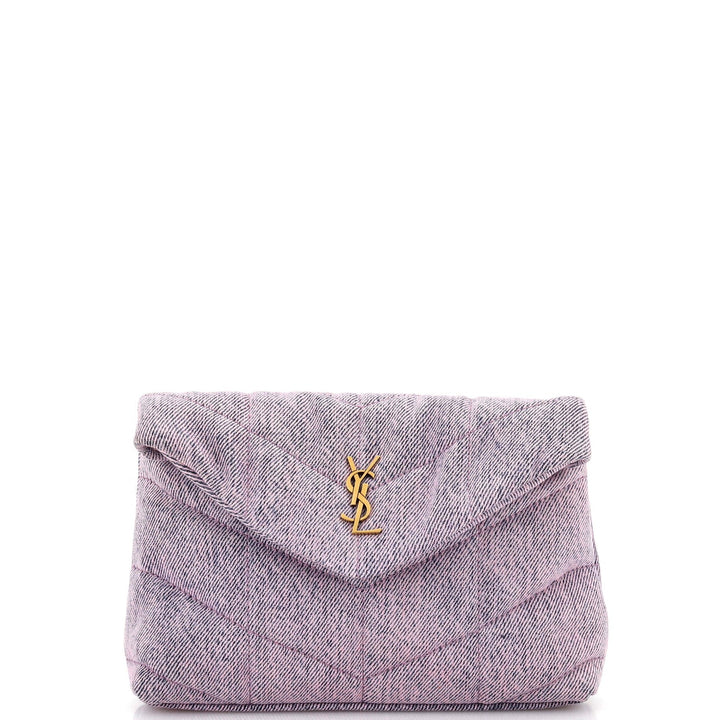 YSL DENIM QUILTED LOULOU PUFFER MONOGRAM POUCH CLUTCH BAG