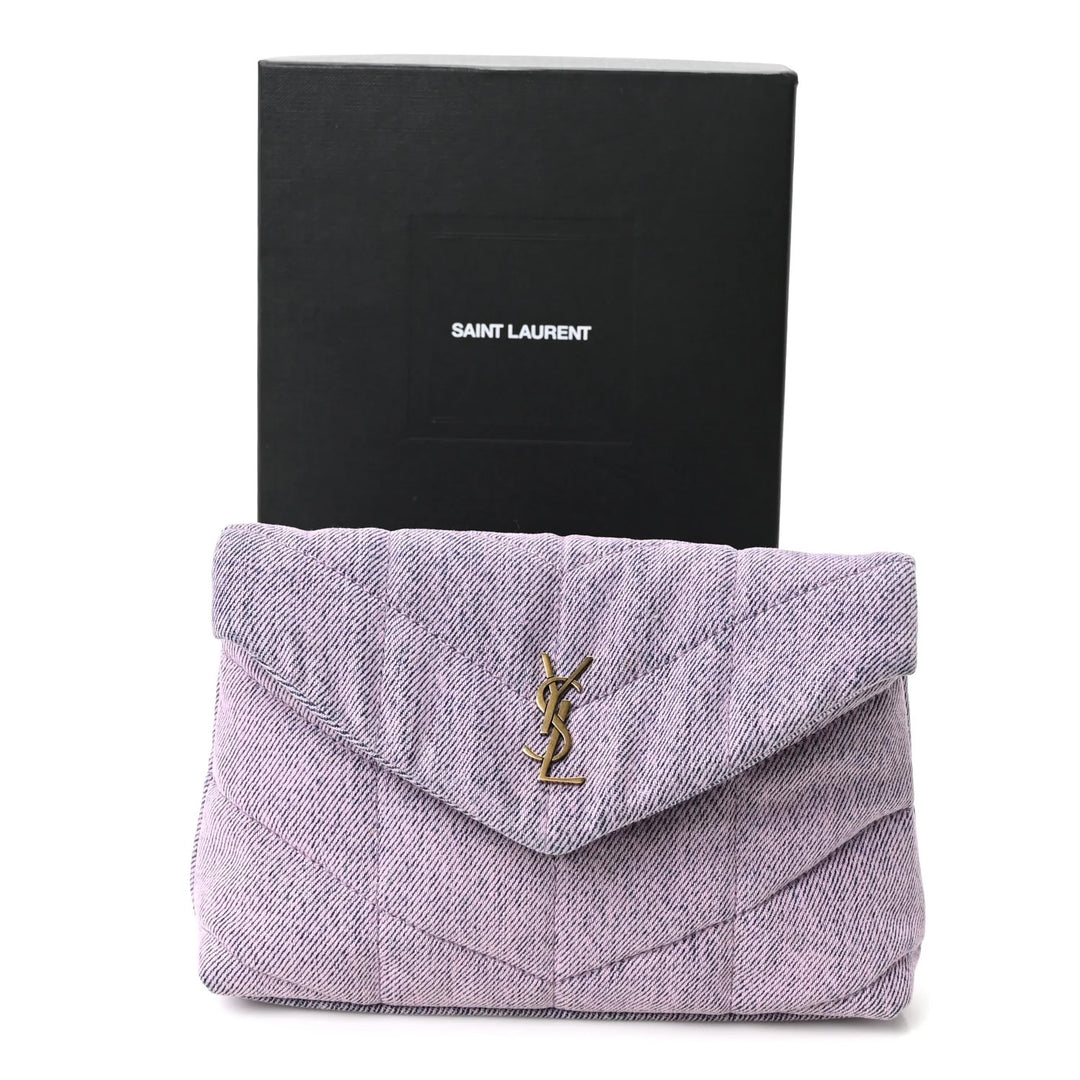 YSL DENIM QUILTED LOULOU PUFFER MONOGRAM POUCH CLUTCH BAG