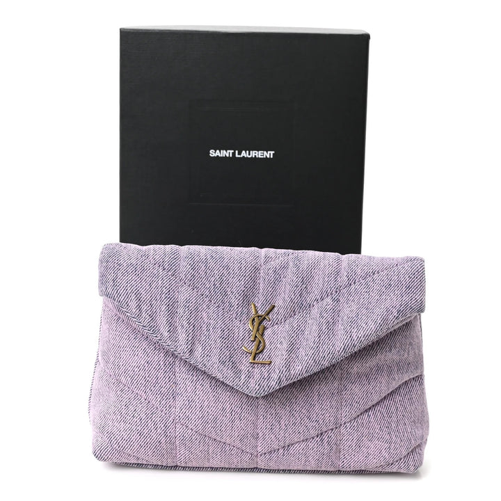 YSL DENIM QUILTED LOULOU PUFFER MONOGRAM POUCH CLUTCH BAG