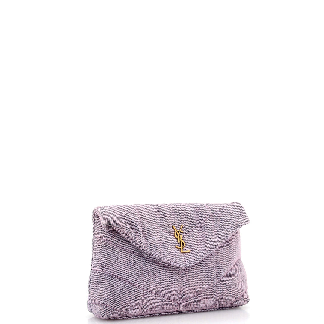 YSL DENIM QUILTED LOULOU PUFFER MONOGRAM POUCH CLUTCH BAG