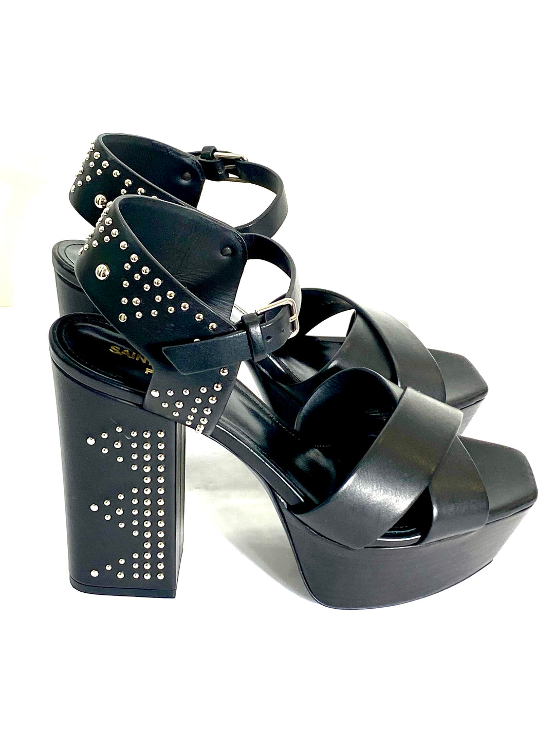 YSL FARRAH STUDDED CALFSKIN LEATHER PLATFORM SANDALS