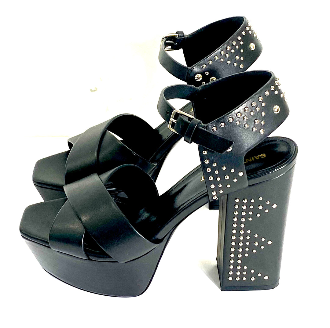 YSL FARRAH STUDDED CALFSKIN LEATHER PLATFORM SANDALS