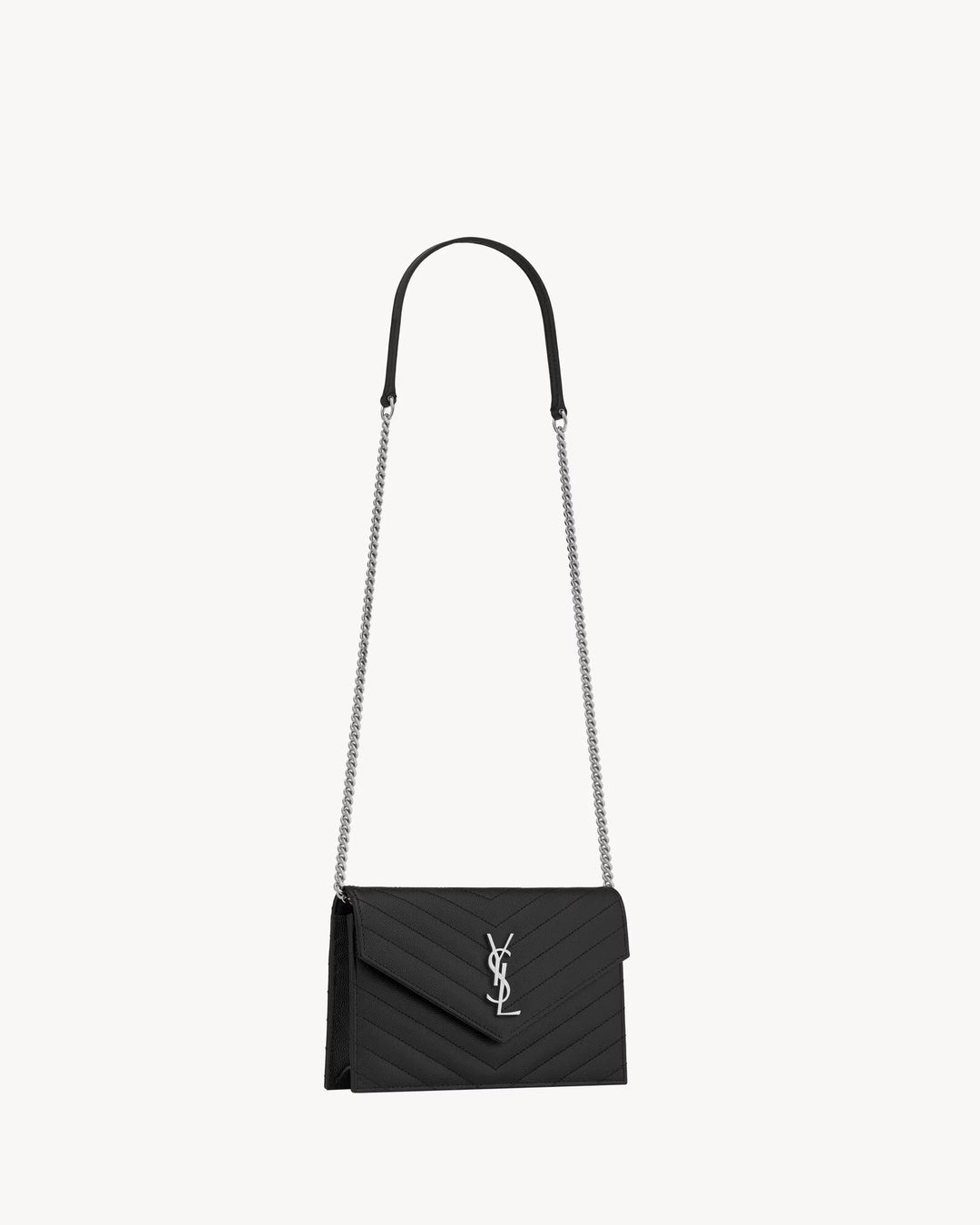 YSL GRAIN DE POUDRE CALFSKIN LEATHER MONOGRAM WALLET ON CHAIN