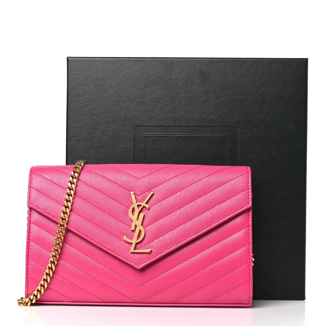 YSL GRAIN DE POUDRE MATELASSÉ CHEVRON MONOGRAM WALLET ON CHAIN