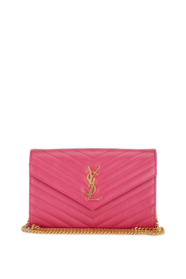 YSL GRAIN DE POUDRE MATELASSÉ CHEVRON MONOGRAM WALLET ON CHAIN