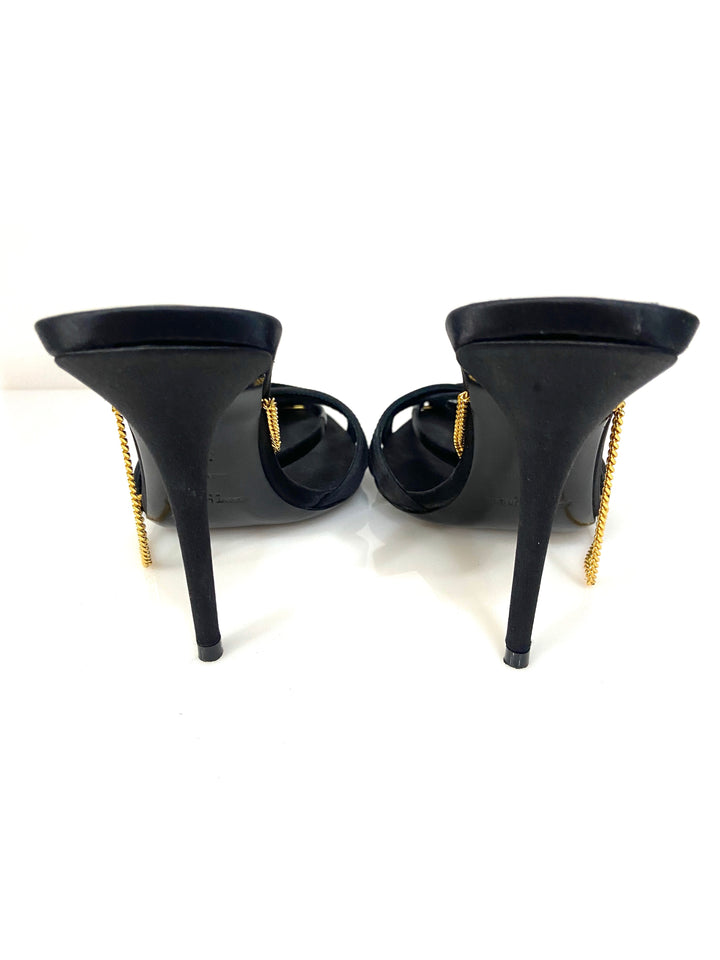 YSL MELODY CHAIN EMBELLISHED SILK SATIN SANDALS
