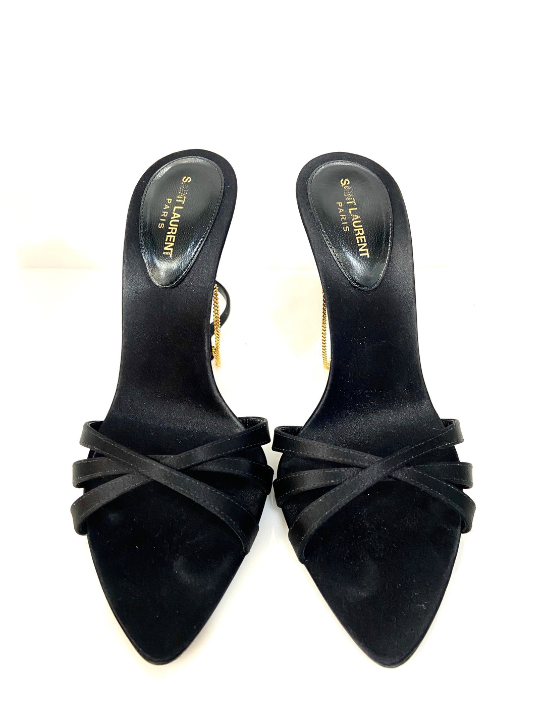 YSL MELODY CHAIN EMBELLISHED SILK SATIN SANDALS