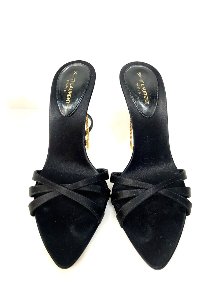 YSL MELODY CHAIN EMBELLISHED SILK SATIN SANDALS