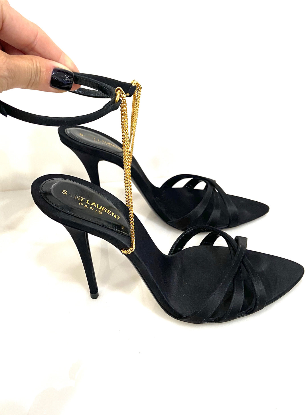 YSL MELODY CHAIN EMBELLISHED SILK SATIN SANDALS