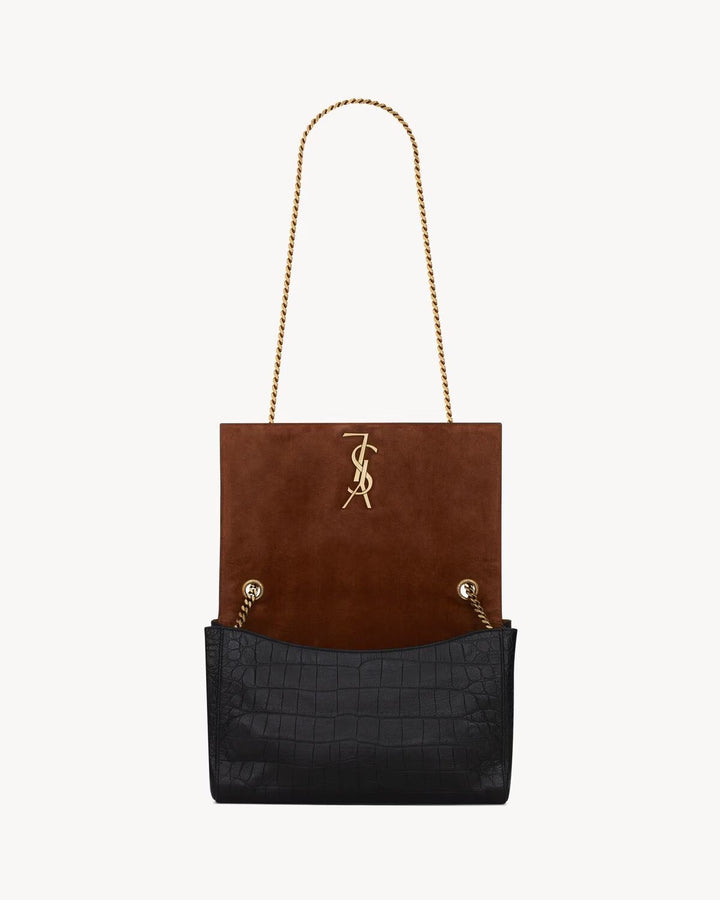 YSL KATE REVERSIBLE CROC EMBOSSED LEATHER &amp; SUEDE MEDIUM SHOULDER BAG