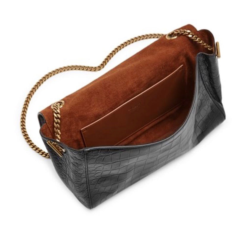 YSL KATE REVERSIBLE CROC EMBOSSED LEATHER &amp; SUEDE MEDIUM SHOULDER BAG
