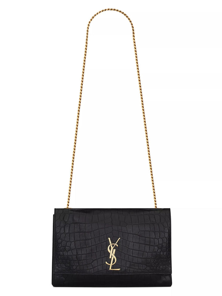 YSL KATE REVERSIBLE CROC EMBOSSED LEATHER &amp; SUEDE MEDIUM SHOULDER BAG
