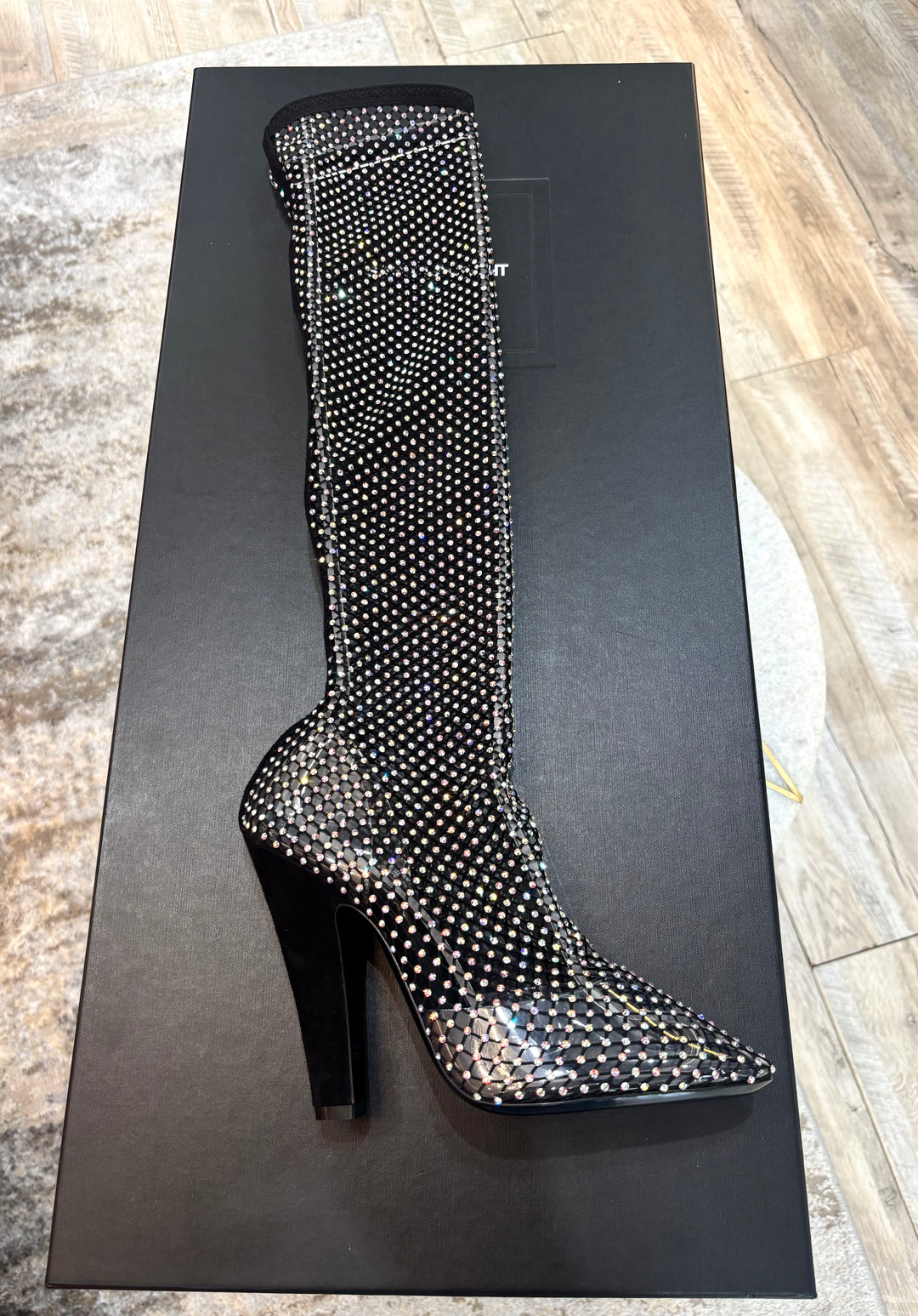 SAINT LAURENT KOLLER RHINESTONE MESH 100 BOOTS