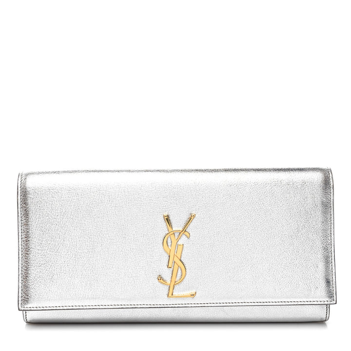 YSL METALLIC CALFSKIN LEATHER MONOGRAM CASSANDRE CLUTCH
