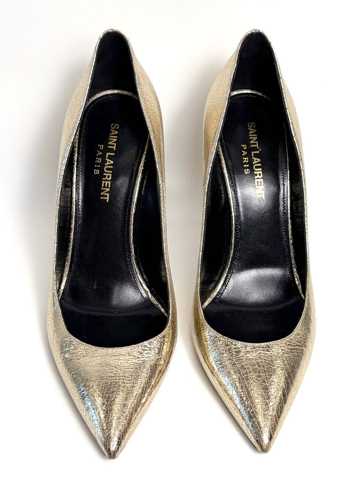 YSL METALLIC SUPERCRACK CALFSKIN LEATHER ANJA PUMPS