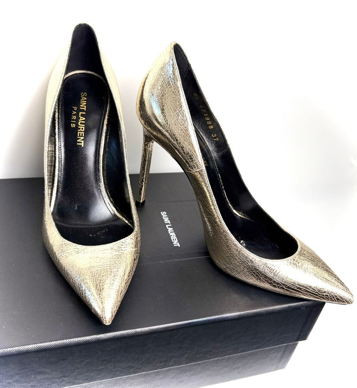 YSL METALLIC SUPERCRACK CALFSKIN LEATHER ANJA PUMPS
