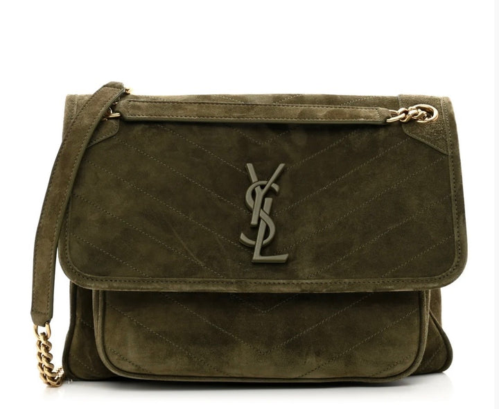 YSL SUEDE &amp; LEATHER MONOGRAM MEDIUM NIKI CHAIN BAG IN OLIVE GREEN