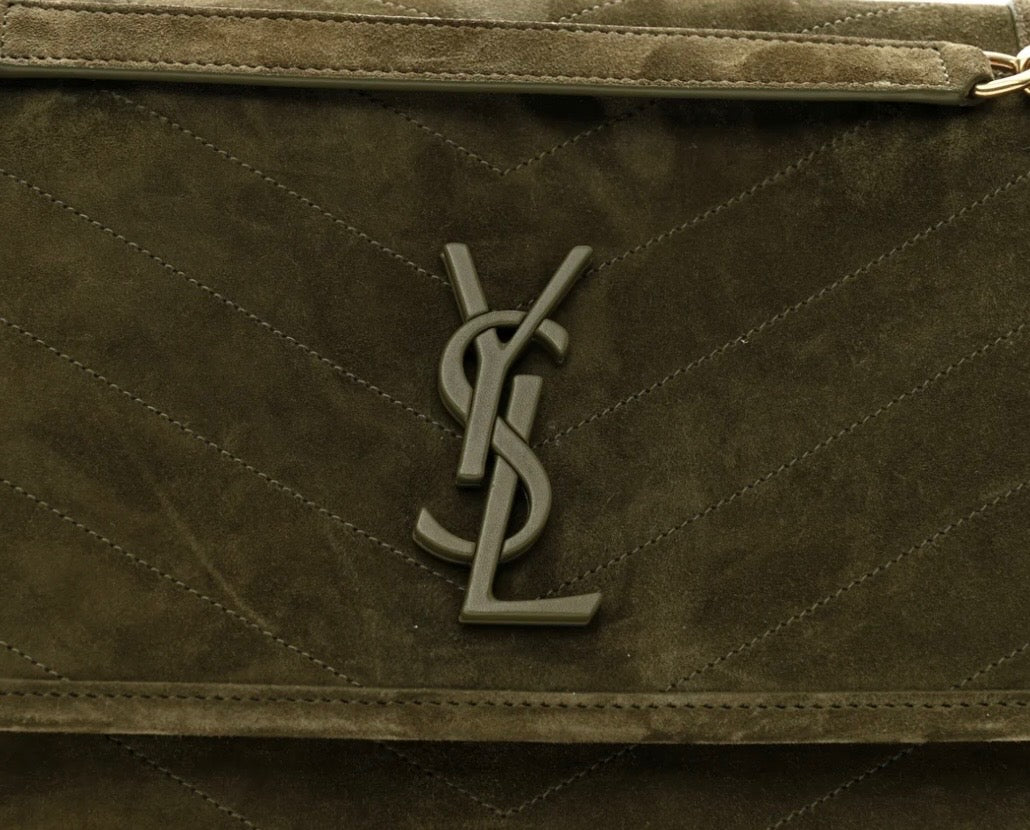 YSL SUEDE &amp; LEATHER MONOGRAM MEDIUM NIKI CHAIN BAG IN OLIVE GREEN