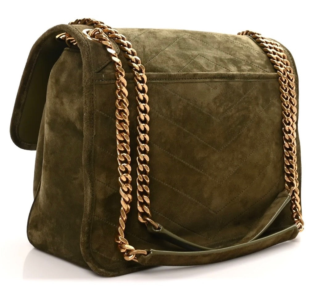 YSL SUEDE &amp; LEATHER MONOGRAM MEDIUM NIKI CHAIN BAG IN OLIVE GREEN