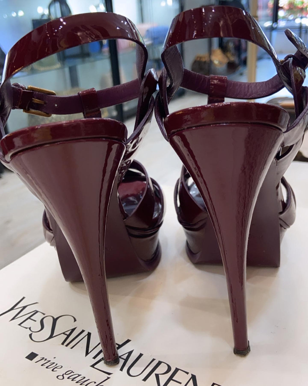 SAINT LAURENT PATENT LEATHER TRIBUTE 105 PLATFORM SANDALS