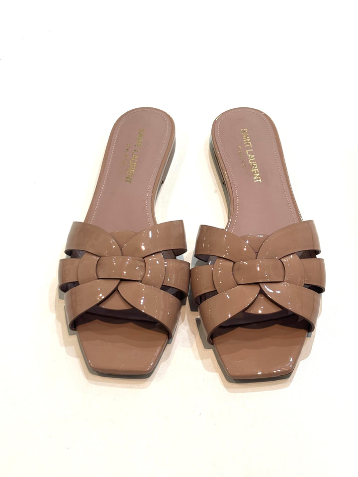 YSL TRIBUTE NU PIED PATENT CALFSKIN LEATHER MULES