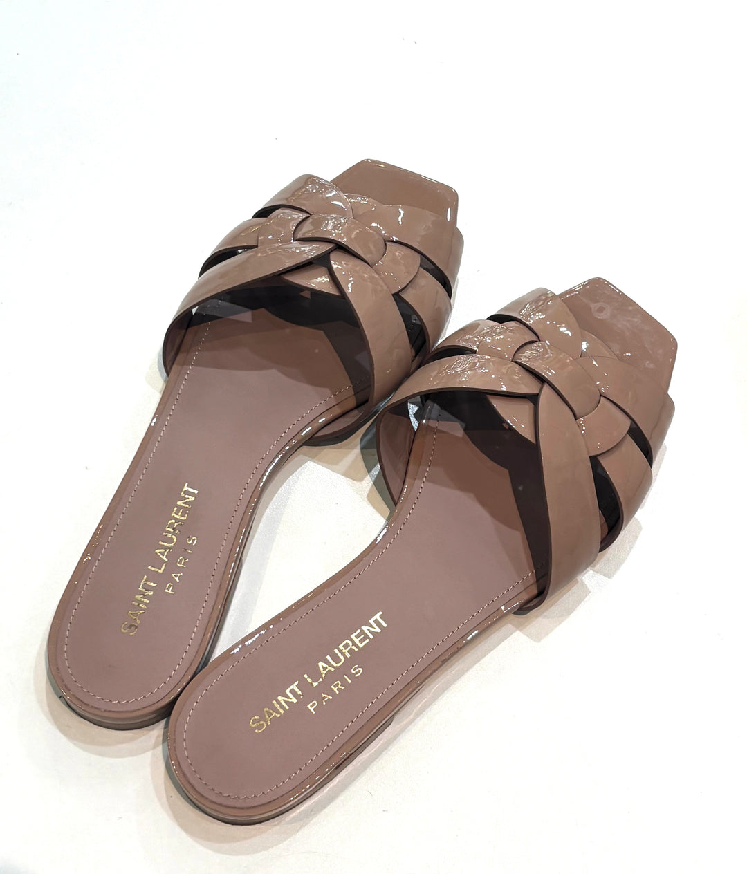 YSL TRIBUTE NU PIED PATENT CALFSKIN LEATHER MULES