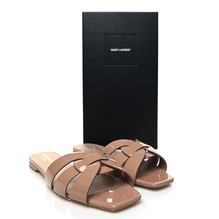 YSL TRIBUTE NU PIED PATENT CALFSKIN LEATHER MULES