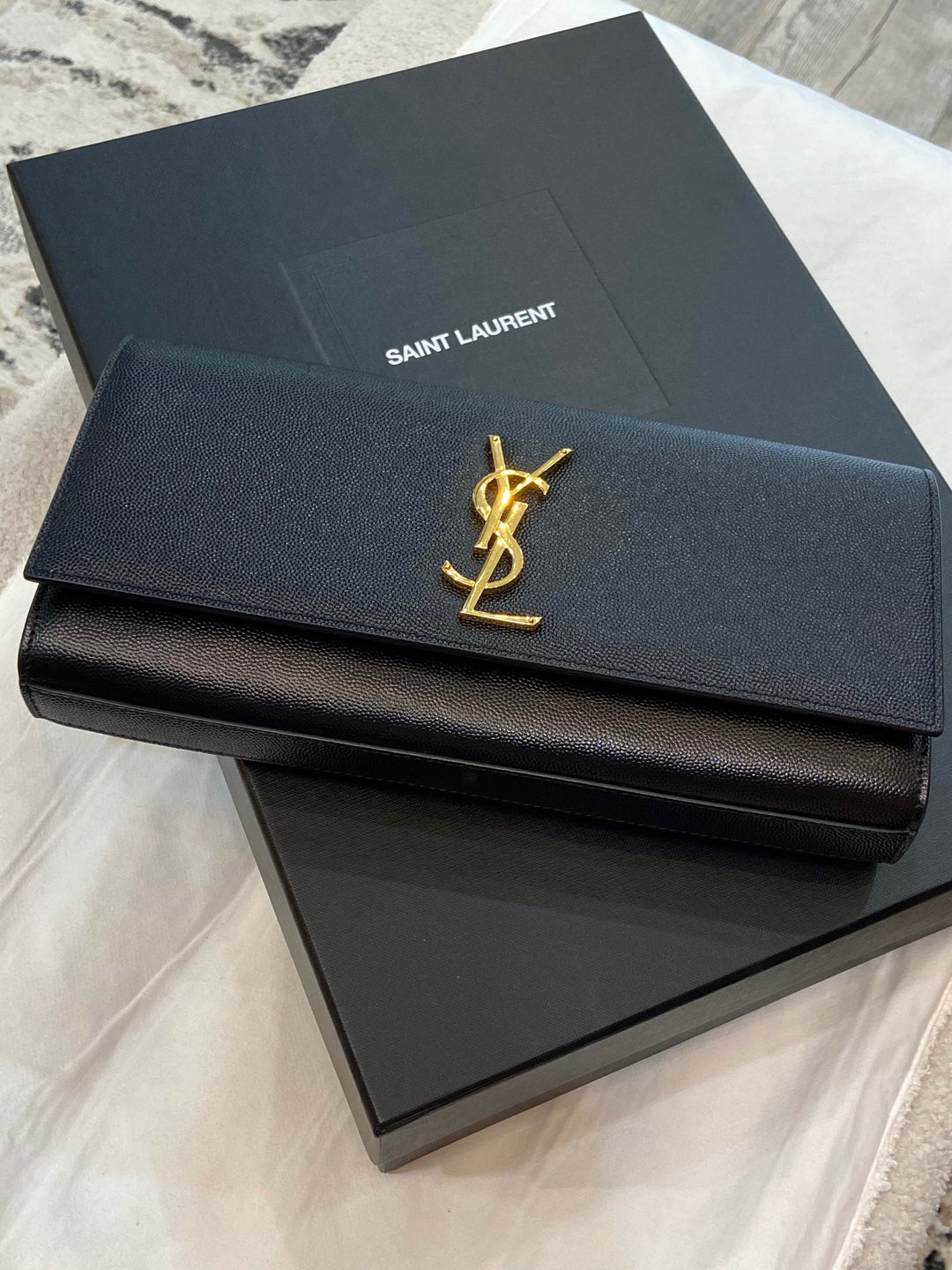 YSL BLACK CLUTCH WITH GOLD HARDWARE