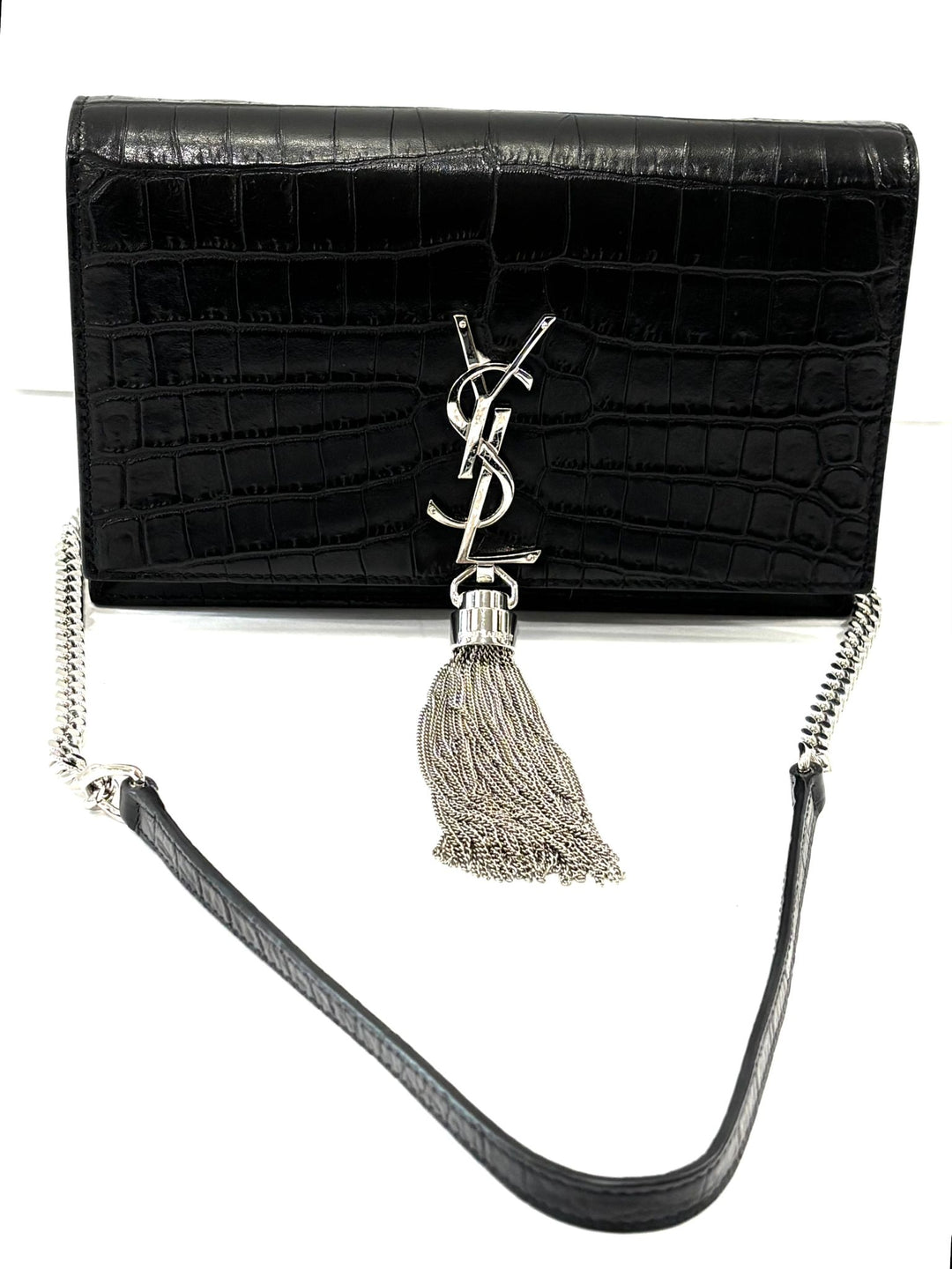 YSL KATE TASSEL CHAIN STRAP CROC EMBOSSED SHOULDER BAG