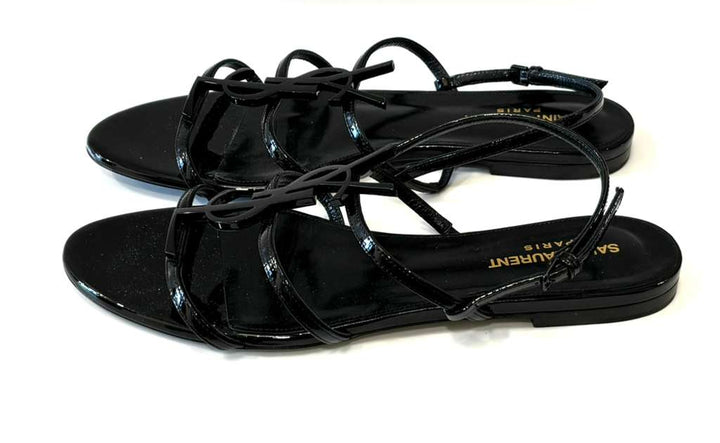 YSL PATENT LEATHER CASSANDRA FLAT SANDALS